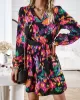 Printed Split-Joint Tied Waist Long Sleeves Loose V-Neck Mini Dresses