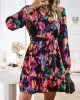 Printed Split-Joint Tied Waist Long Sleeves Loose V-Neck Mini Dresses