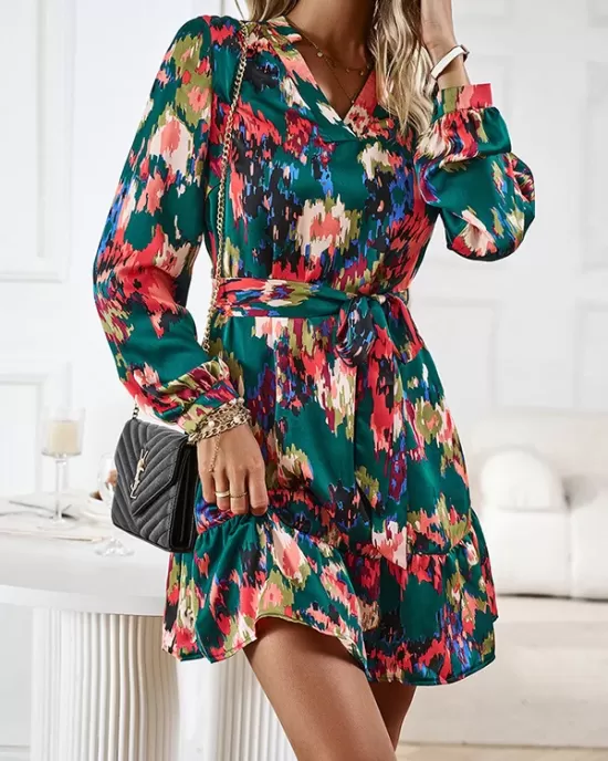 Printed Split-Joint Tied Waist Long Sleeves Loose V-Neck Mini Dresses