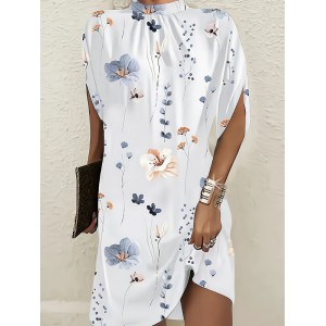 Flower Print Batwing Sleeves Loose Round-Neck Mini Dresses