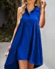 Buttoned Pleated Pockets Solid Color A-Line High Waisted Lapel Mini Dresses