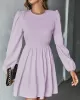 Backless Elasticity Hollow Pleated Solid Color Tied A-Line Bishop Sleeve Round-Neck Mini Dresses