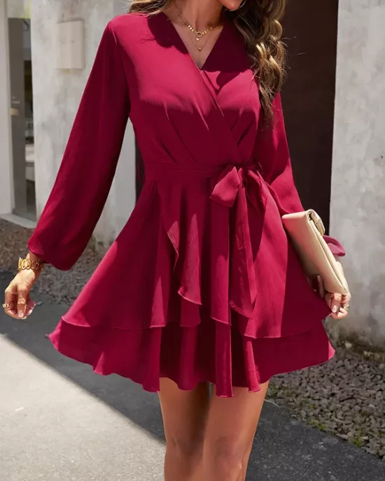 Ruffled Solid Color Tied Waist A-Line High Waisted V-Neck Mini Dresses