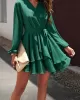 Ruffled Solid Color Tied Waist A-Line High Waisted V-Neck Mini Dresses