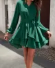 Ruffled Solid Color Tied Waist A-Line High Waisted V-Neck Mini Dresses