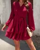 Ruffled Solid Color Tied Waist A-Line High Waisted V-Neck Mini Dresses