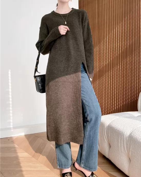 Loose Split-Side Solid Color Round-Neck Knitting Sweater Dresses