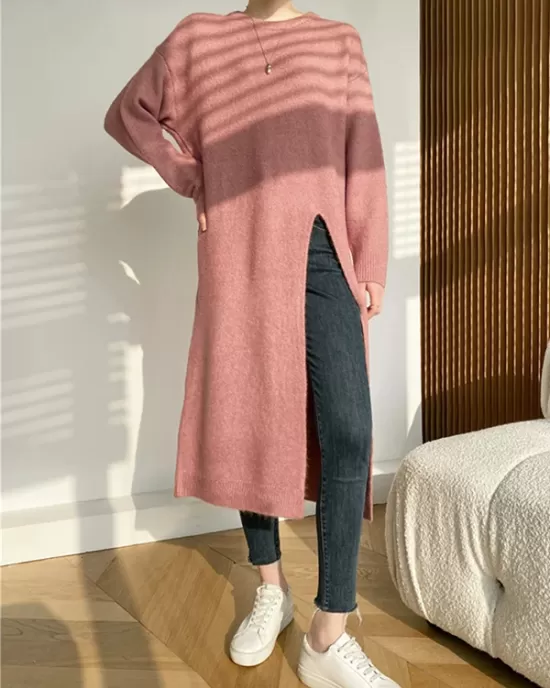 Loose Split-Side Solid Color Round-Neck Knitting Sweater Dresses