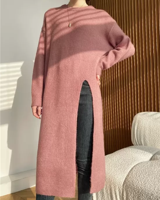 Loose Split-Side Solid Color Round-Neck Knitting Sweater Dresses