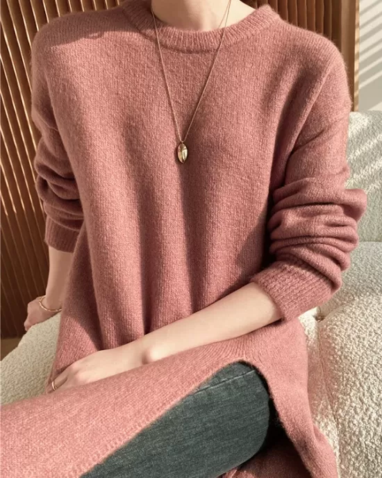 Loose Split-Side Solid Color Round-Neck Knitting Sweater Dresses