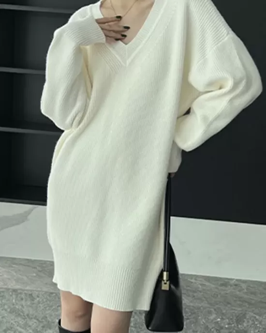 Simple Loose Long Sleeves Solid Color V-Neck Sweater Dresses