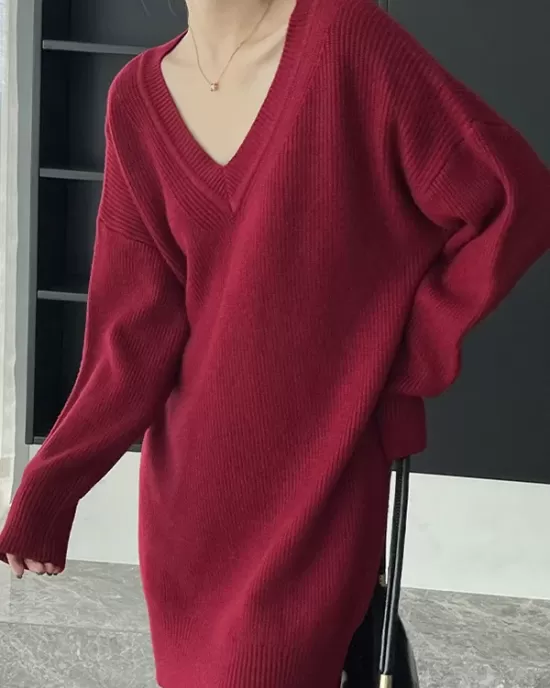 Simple Loose Long Sleeves Solid Color V-Neck Sweater Dresses