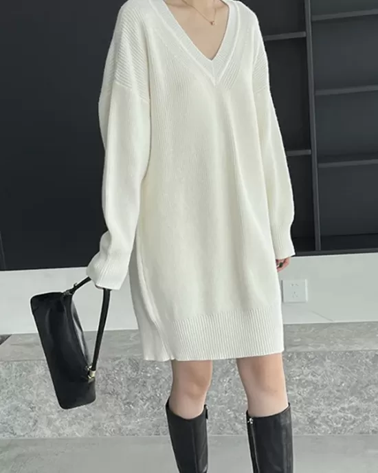 Simple Loose Long Sleeves Solid Color V-Neck Sweater Dresses