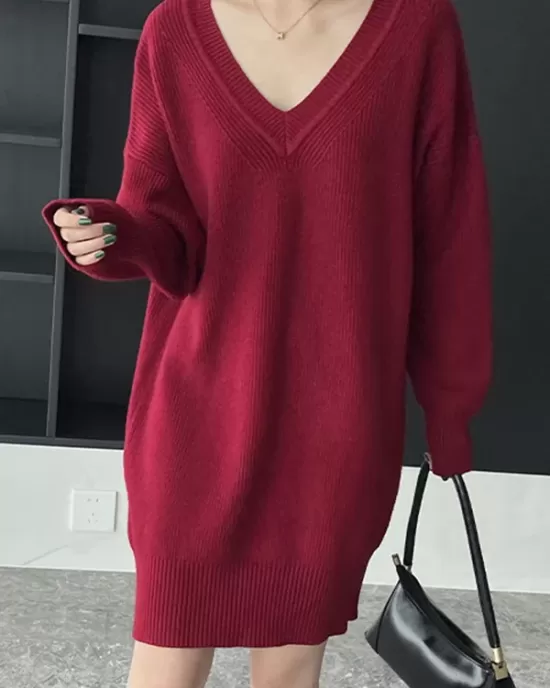 Simple Loose Long Sleeves Solid Color V-Neck Sweater Dresses