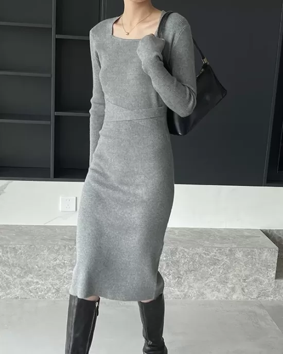 Simple Skinny Long Sleeves Solid Color Square-Neck Sweater Dresses