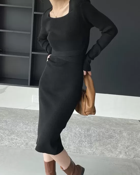 Simple Skinny Long Sleeves Solid Color Square-Neck Sweater Dresses