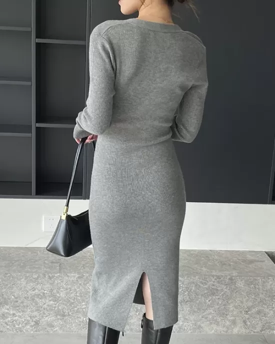 Simple Skinny Long Sleeves Solid Color Square-Neck Sweater Dresses