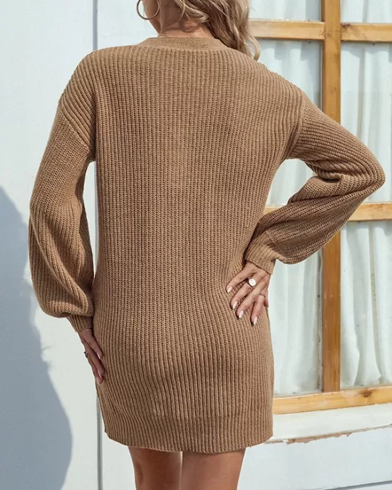 Casual Puff Sleeves Solid Color V-Neck Sweater Dresses