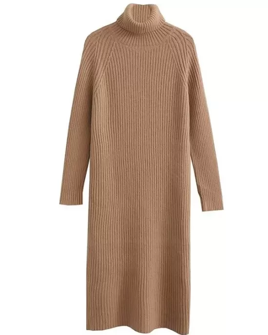 Simple Long Sleeves Loose Solid Color High-Neck Sweater Dresses