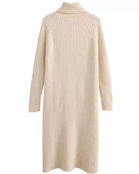 Simple Long Sleeves Loose Solid Color High-Neck Sweater Dresses