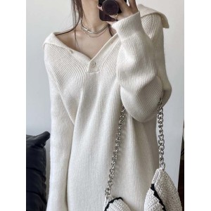 Simple Long Sleeves Loose Buttoned Solid Color High-Neck Sweater Dresses