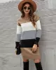 Casual Long Sleeves Contrast Color Round-Neck Sweater Dresses