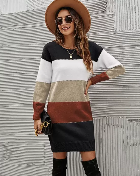 Casual Long Sleeves Contrast Color Round-Neck Sweater Dresses