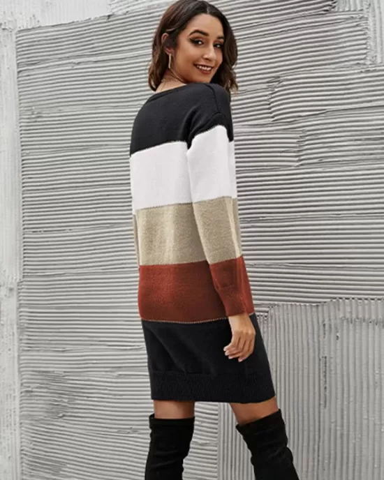 Casual Long Sleeves Contrast Color Round-Neck Sweater Dresses