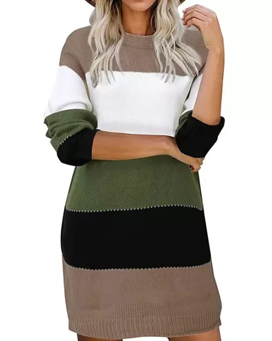 Casual Long Sleeves Contrast Color Round-Neck Sweater Dresses