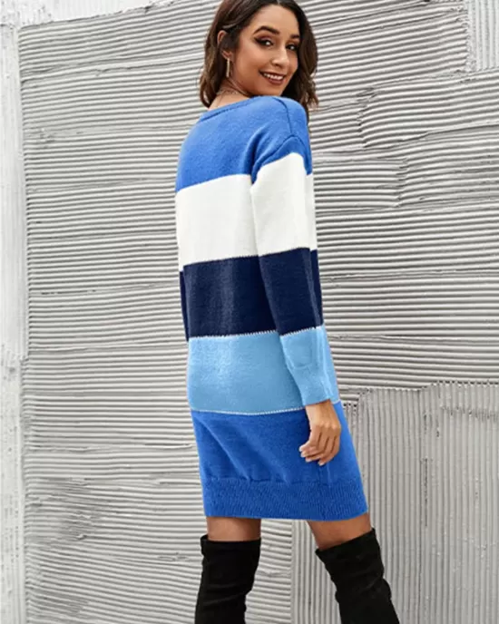 Casual Long Sleeves Contrast Color Round-Neck Sweater Dresses