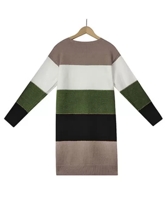 Casual Long Sleeves Contrast Color Round-Neck Sweater Dresses