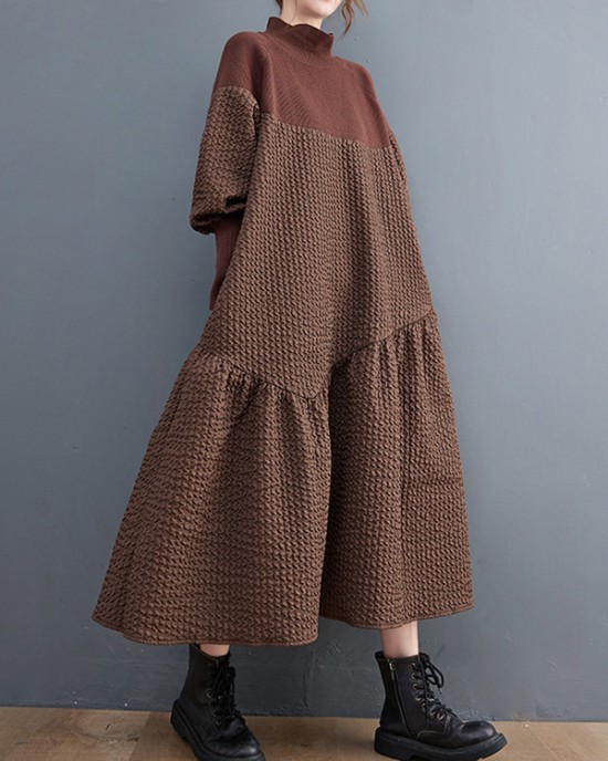 Casual Long Sleeves Loose Split-Joint Jacquard High-Neck Sweater Dresses