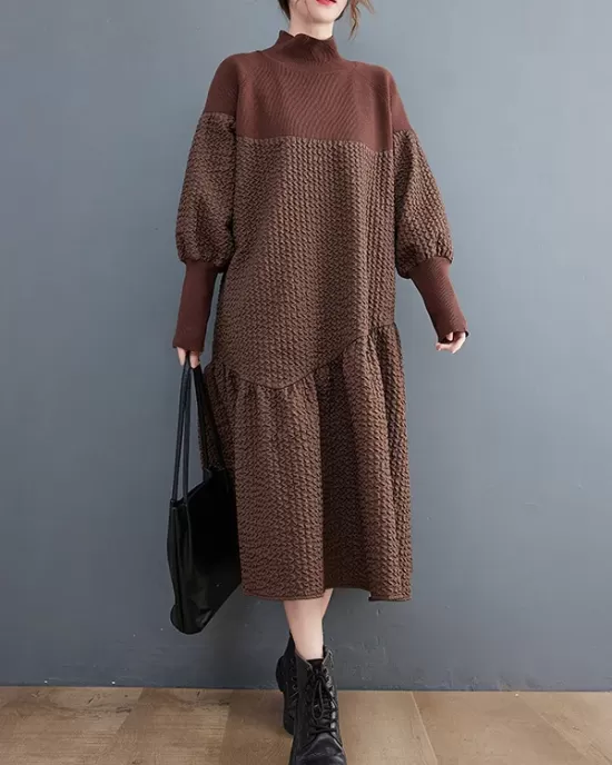 Casual Long Sleeves Loose Split-Joint Jacquard High-Neck Sweater Dresses