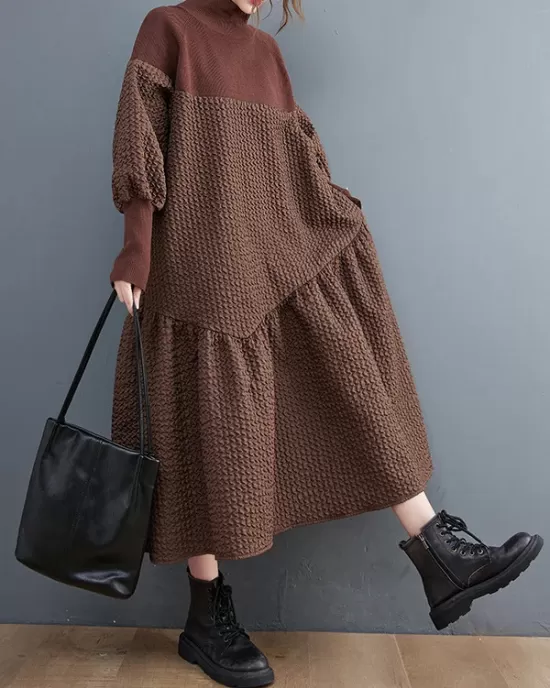 Casual Long Sleeves Loose Split-Joint Jacquard High-Neck Sweater Dresses