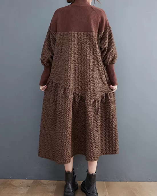 Casual Long Sleeves Loose Split-Joint Jacquard High-Neck Sweater Dresses