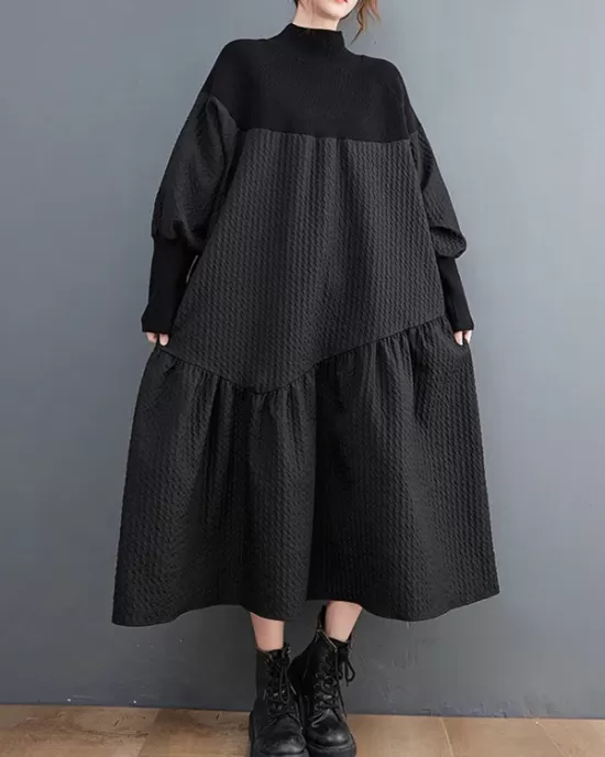 Casual Long Sleeves Loose Split-Joint Jacquard High-Neck Sweater Dresses