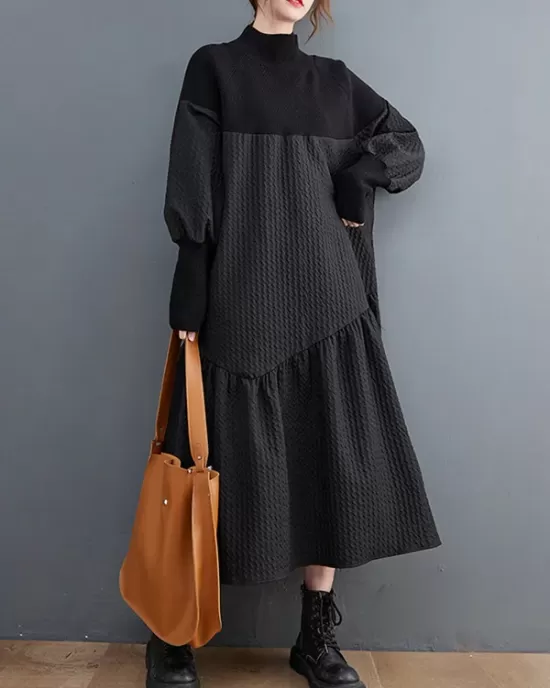 Casual Long Sleeves Loose Split-Joint Jacquard High-Neck Sweater Dresses