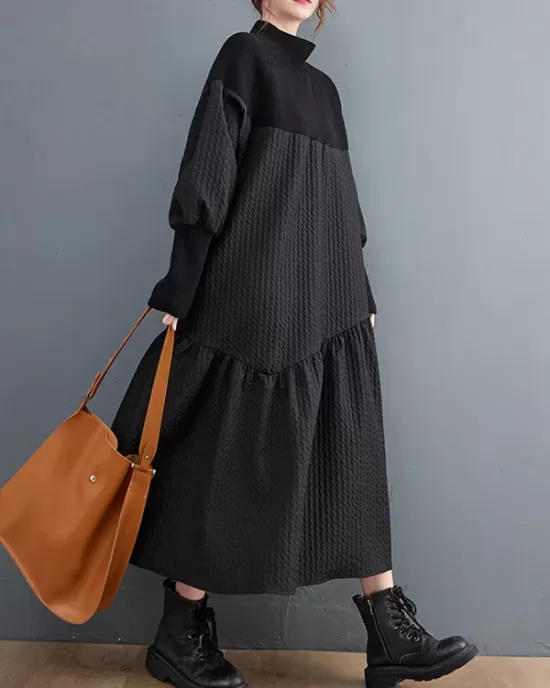 Casual Long Sleeves Loose Split-Joint Jacquard High-Neck Sweater Dresses