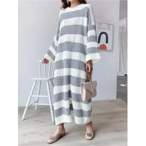 Stylish Loose Striped Round-Neck Sweater Dresses