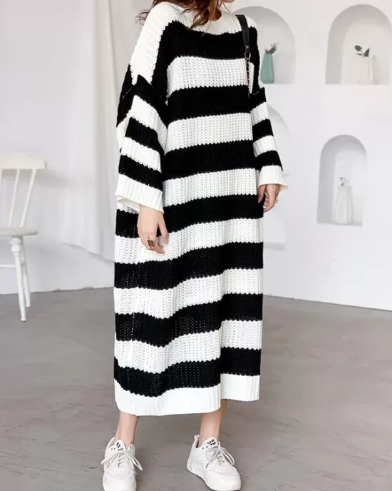 Stylish Loose Striped Round-Neck Sweater Dresses