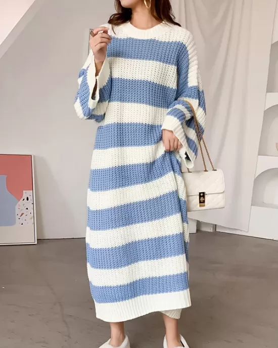 Stylish Loose Striped Round-Neck Sweater Dresses