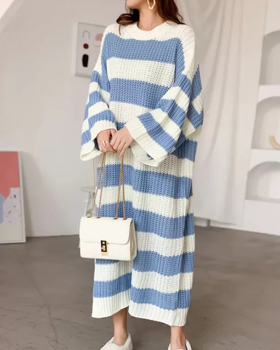 Stylish Loose Striped Round-Neck Sweater Dresses