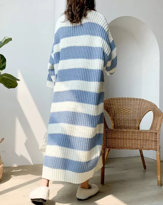 Stylish Loose Striped Round-Neck Sweater Dresses