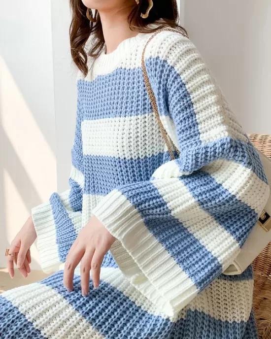 Stylish Loose Striped Round-Neck Sweater Dresses