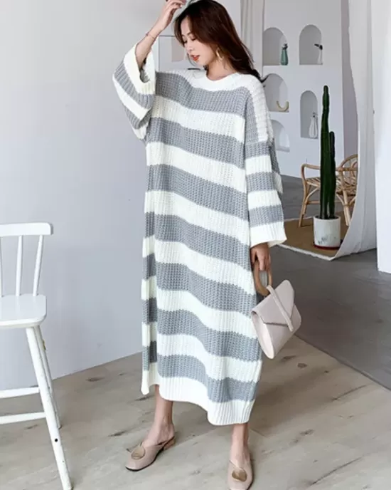 Stylish Loose Striped Round-Neck Sweater Dresses