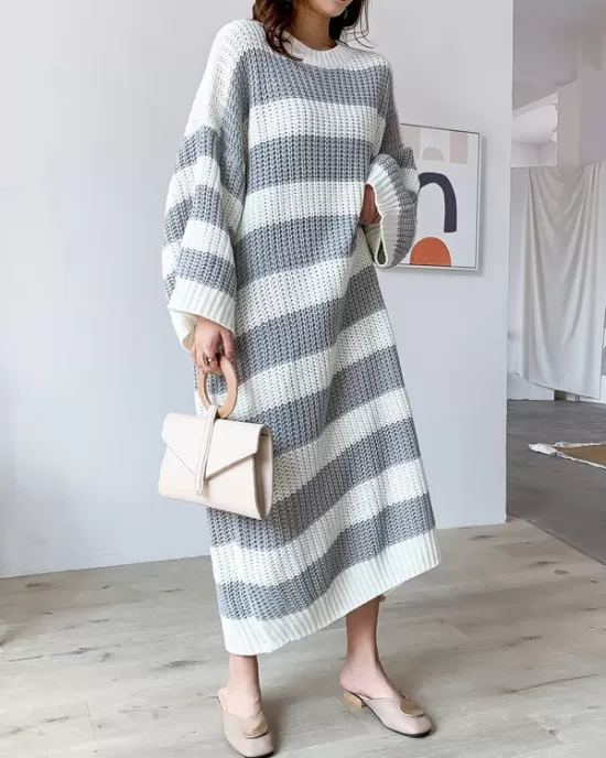 Stylish Loose Striped Round-Neck Sweater Dresses