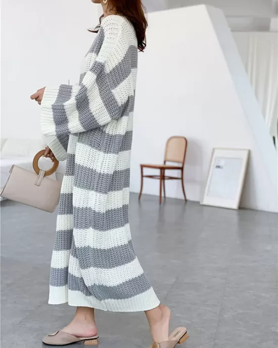 Stylish Loose Striped Round-Neck Sweater Dresses