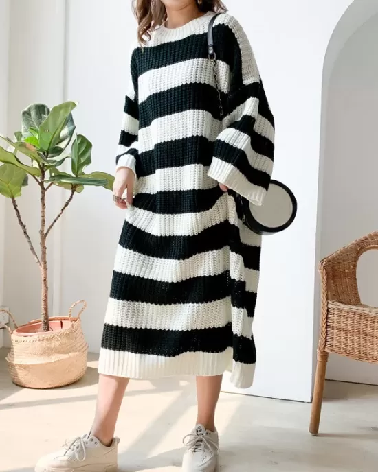 Stylish Loose Striped Round-Neck Sweater Dresses