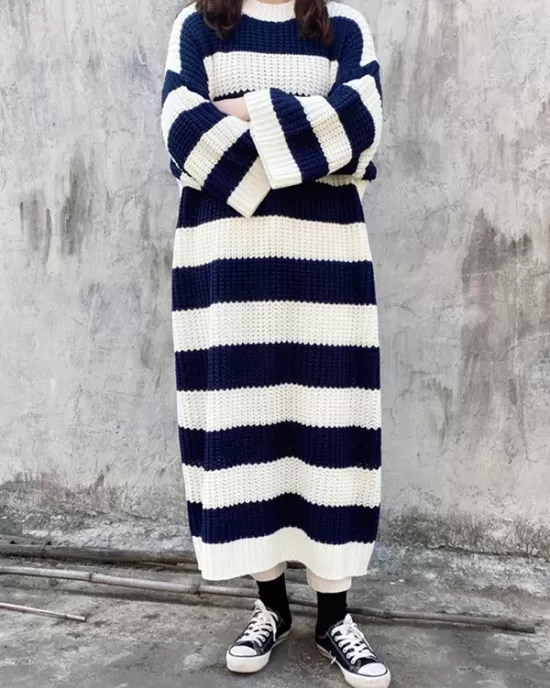 Stylish Loose Striped Round-Neck Sweater Dresses