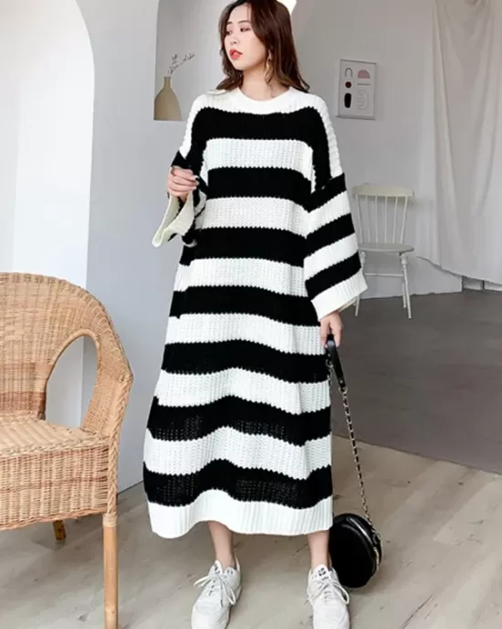 Stylish Loose Striped Round-Neck Sweater Dresses